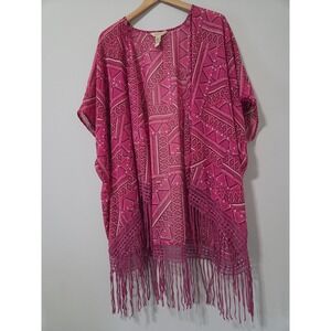 Bit & Bridle‎ Pink Geometric Print Fringe Kimono Wrap One Size Boho Cardigan